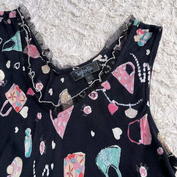 Vintage 90s Y2K handbag heart print midi slip dress ruffle trim bias cut fairy L - Picture 6 of 14